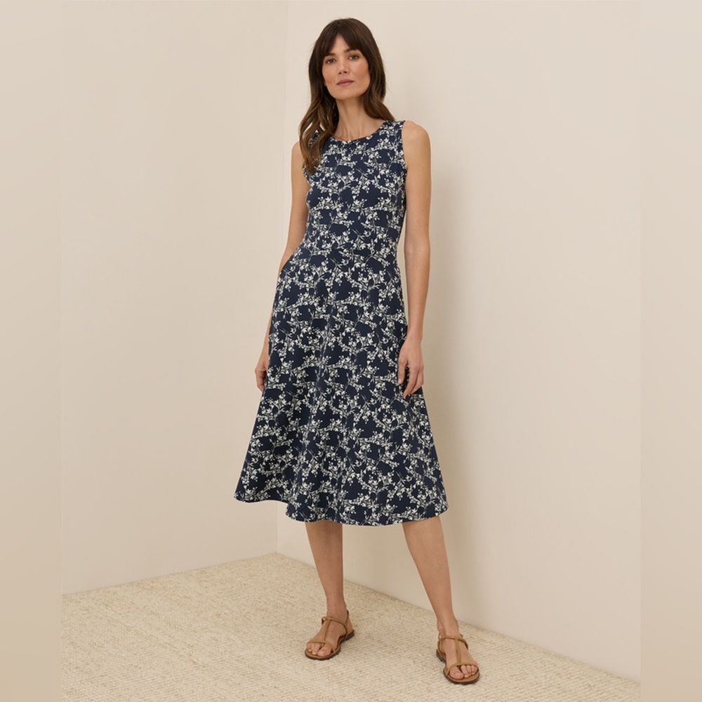 Pact Organic Cotton Fit & Flare Keyhole Back Dress Navy Floral Print